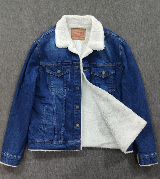 Sherpa Lined Denim Trucker Jacket Blue | Winter Warm Button Jacket | Men’s Size L
