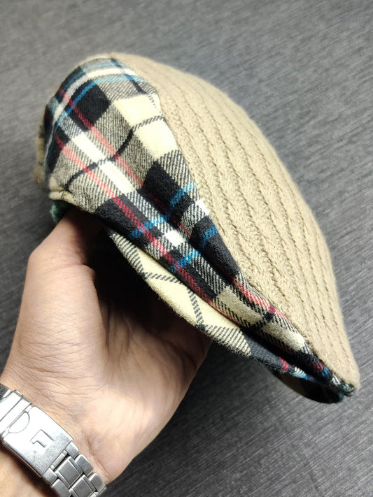 Vintage Wool Blend Flat Cap | Made in Korea | Knit Newsboy Cap with Plaid Lining | Classic Winter Hat