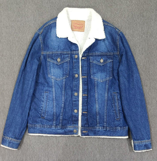 Sherpa Lined Denim Trucker Jacket Blue | Winter Warm Button Jacket | Men’s Size L
