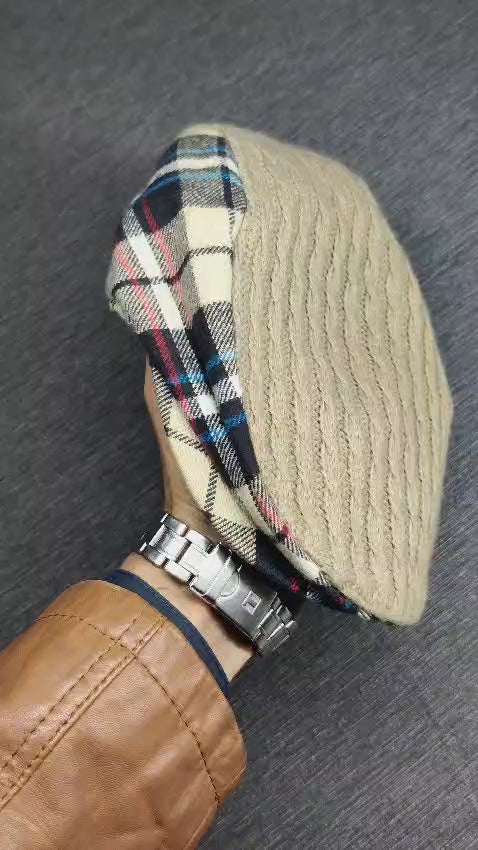 Vintage Wool Blend Flat Cap | Made in Korea | Knit Newsboy Cap with Plaid Lining | Classic Winter Hat